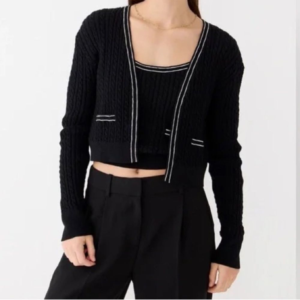 J. Crew Black Cropped Cable-Knit Cardigan with White Trim